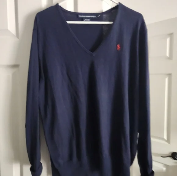 Ralph Lauren Sport Navy V-Neck Cotton Sweater Red PonyX- Large--RALPH - Picture 3 of 7